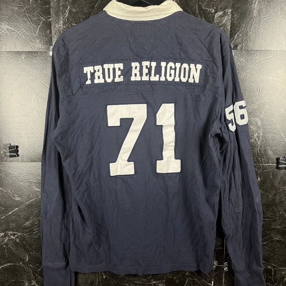True Religion Men's Blue Vtg Rugby USA Polo Shirt XL -Flaws